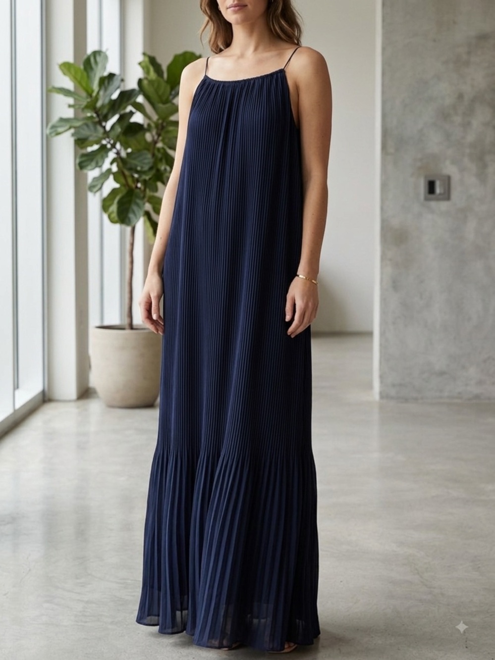 Massimo Dutti Dark Navy Blue Plissé Pleated Maxi Dress | Size 10 (EUR 42)